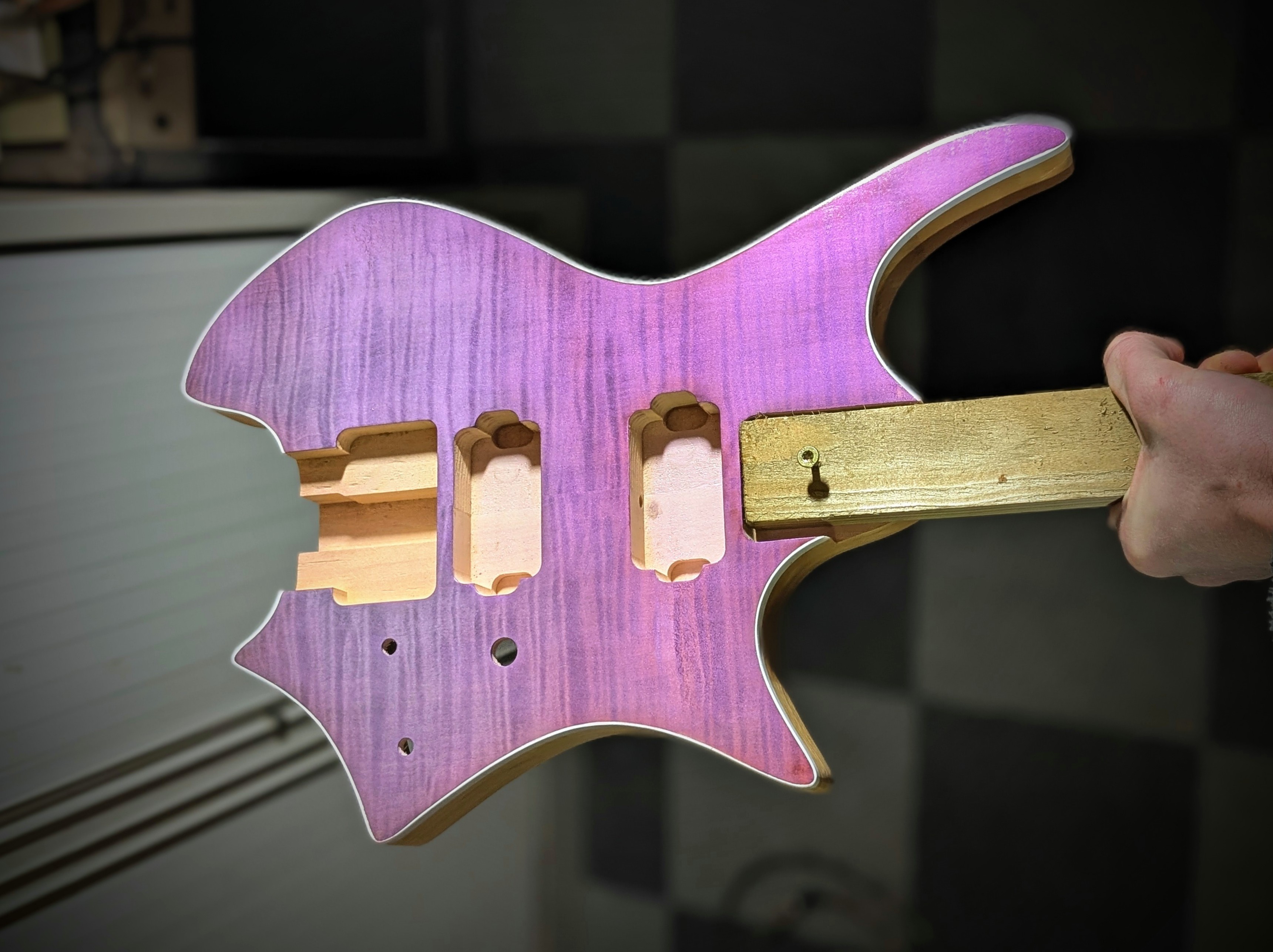 Headless guitar DIY kit with a custom purple burst finish